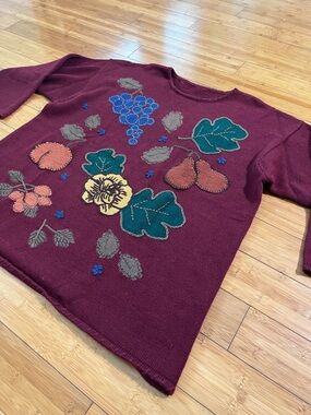 Vintage Harvest Fall Fruit & Vegetables Burgundy Leaf Embroidered Sweater
